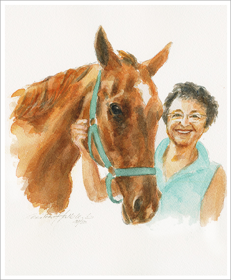 Bigi und ihr Pferd Sadonsk, Tier- und Menschenportrait in Aquarell