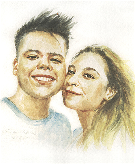 Giles + Valeria, couple about 30, double portrait in watercolour