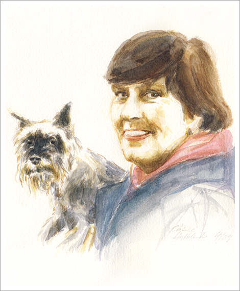 Ilseund Hund Kati, Tier- und Menschenportrait in Aquarell