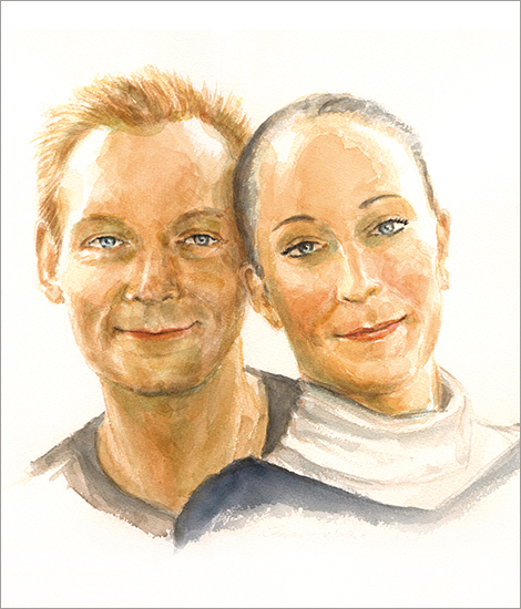 Jo und Kirstin, Päarchen ca. 35, Portrait in Aquarell