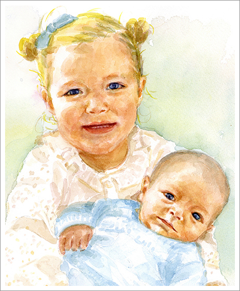 Louisa + Carl, 3 Jahre und 14 Tage, Geschwisterportrait in Aquarell