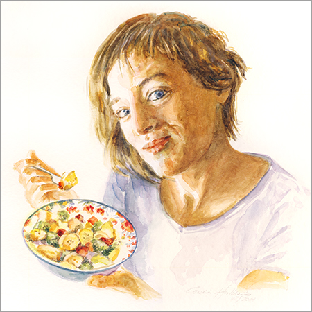 Marie,junge Frau mit Schale Obstsalat, Portrait in Aquarell