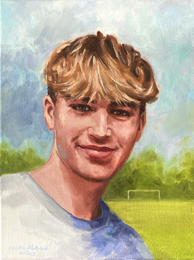 Matthias, junger Mann vor Wiese mit Fussballtor, Portrait in Öl