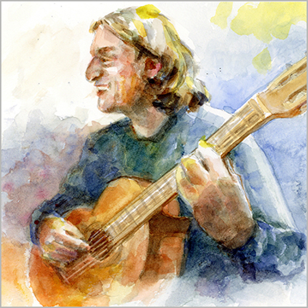 Mann mit langen dunkelblonden Haaren spielt Gitarre