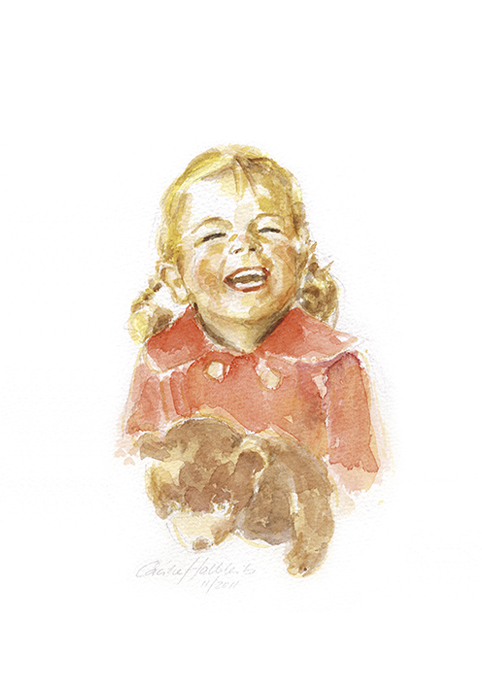 Sissi mit Baer, Kinderportrait in Aquarell